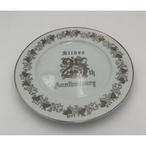 25th Anniversary Plate Fine China B300. With Silver Writing And Bells.